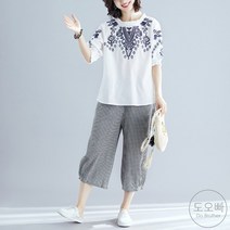 도오빠 여성 투피스 세트 반팔티 블라우스 9부 밴딩 팬츠 꽃무늬 자수 티셔츠 체크 배기팬츠 긴바지 면티 얇은 여름 생활복 여자투피스