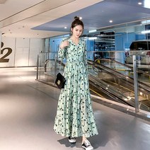 쉬폰 허리 스트링 롱원피스 원피스 여봄옷 유행 스커트 긴팔 조임 날씬해 보이는 기질 봄