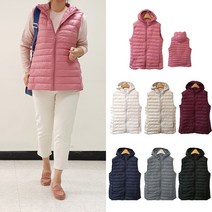 핑크홀릭 커밍 후드 지퍼 오리털100 경량패딩조끼 미디길이