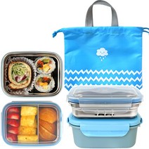 클린 스텐도시락2단 + 주머니 세트, 04_이중스텐도시락2단+파우치_블루