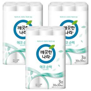 깨끗한나라 에코순백 3겹 고급롤화장지, 30m, 30롤, 3개
