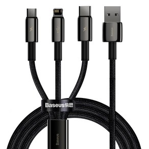 베이스어스 텅스텐 골드 3in1 고속충전 데이터 케이블 USB to 5핀+애플 8핀+C타입 3.5A, 1.5m, 블랙, 1개