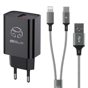 디지지 18W USB 고속충전기 + 2 in 1 C타입 8핀 2라인 고속충전 멀티케이블 120cm 세트, 블랙(충전기), 메탈실버(케이블), 1세트