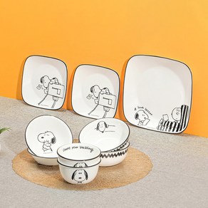 코렐 스누피&찰리 에디션 2인 코리안 사각 세트 9p, 공기 2p + 대접 2p + 앞접시 2p + 사각소접시 2p + 사각중접시, 1세트