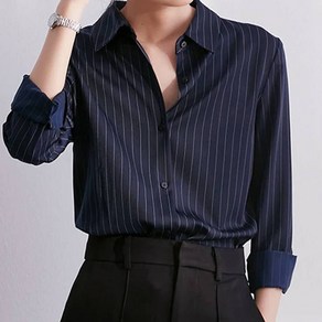 페이퍼먼츠 여성용 베이직 카라넥 세로 스트라이프 긴팔 셔츠 23374