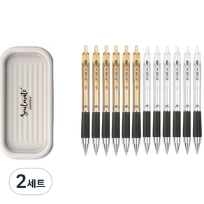 자바펜 제트라인M biz 볼펜 0.7mm 2종 x 6p + 펜트레이 세트, 골드, 실버(볼펜), 베이지(펜트레이), 2세트