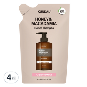 쿤달 허니 앤 마카다미아 네이처 샴푸 리필팩 베이비파우더향, 400ml, 4개