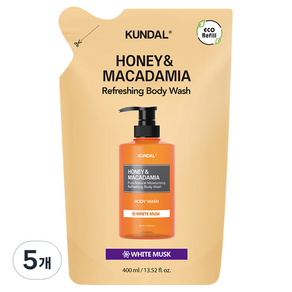 쿤달 허니 앤 마카다미아 퓨어 바디워시 리필팩 화이트머스크향, 400ml, 5개