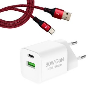 스타쉴드 30W GaN USB PD PPS 멀티 고속충전기 + 라이트 C타입 고속충전케이블 1.8m 세트, 화이트(충전기), 레드(케이블), 1세트