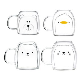 캐릭터 내열 이중머그컵 세트, 곰 + 무뚝뚝캣 + 스마일캣 + 오리, 4개