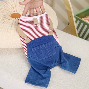 파스텔펫 강아지 줄무늬 청멜빵 올인원, 레드, 1개