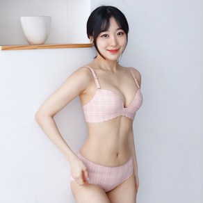 테라우드 로맨틱 체크 노와이어 볼륨 몰드 브라 + 팬티 세트