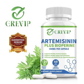 GREVIP 고흡수 아르테미시닌 캡슐당 100mg 채식 캡슐 최대 흡수를 위한 5mg BioPeine 달콤한 쑥 추출물 함유, 1박스, 60정