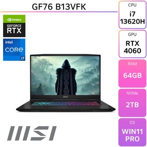 MSI Swod GF76 B13VFK 인텔 13세대 i7-13620H RTX4060 [사은품증정], 블랙, 2TB, 64GB, WIN11 Po