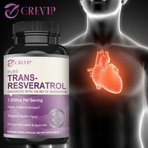 한국에서 배송 GREVIP 트랜스레스베라트롤 1350mg 심장 피부 손톱 노화 방지 및 항산화, 120정, 1개