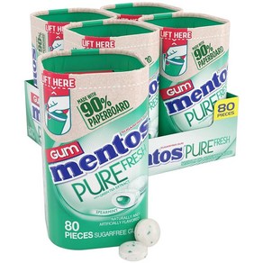 Mentos Pue Fesh 무설탕 츄잉껌 자일리톨 스피어민트 재활용 가능한 90% 판지 병 80개 4병 팩, Speamint_80 Count (Pack of 4), 4개, 없음