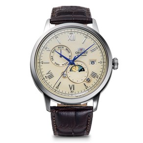 [오리엔트]ORIENT Bambino 밤비노 SUN&MOON 선&문 자동 감기 손목시계 기계식 일본제 오토매틱 국내 메이커 보증 첨부 RN-AK0803Y 맨즈 화이트 실버