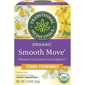 Taditional Medicinals Tea Oganic Smooth Move 카모마일 Relieves Occasional Constipation 세나 허브 다이어트 변비 숙, Senna chamomile, 1개, 32g, 16개입