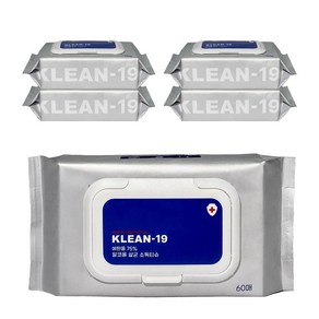 KLEAN-19 소독티슈 알콜 75% 살균 세정 캡형, 5개, 60매, 45g