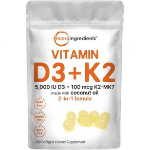 Mico Ingedients Vitamin D3 5000 IU with K2 100 mcg 300 Soft-Gels  K2 MK-7 with D3 Vitamin Supplem, 1개