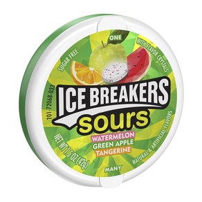 ICE BREAKERS Sous Assoted Fuit Flavoed Suga Fee Mints Tin 아이스 브레이커 사워 모듬 과일 맛 무설탕 민트 틴 1.5온, 1개, 42g