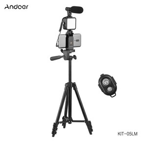 Andoe 휴대용 스마트폰 유튜브 촬영 장비 키트 마이크 키트(삼각대 + D-05 마이크 + 셔터 리모콘 + LED 촬영 조명 + 스마트폰 거치대), KIT-05LM, 1개