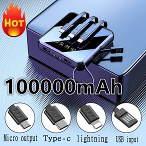 ARTECK® 100000mAh 대용량 보조 배터리 외장 충전기 포함 모든 휴대폰용 케이블 4개 포함, 무작위 색상