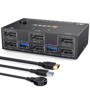 KCEVE KVM 스위치 듀얼 모니터 DisplayPot 컴퓨터 2대용 USB3.0 4개 입력 2개 출력 DP 1.4 KVM 스위치, 검은색