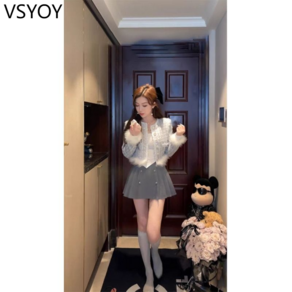 vsyoy 패션 조커 캐주얼 우아한 가을과 겨울 코트 주름 치마 세트