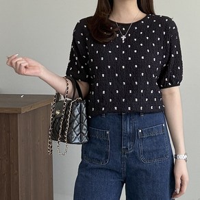 [행복여] 아더 도트 땡땡이 퍼프 소매 반팔 티셔츠