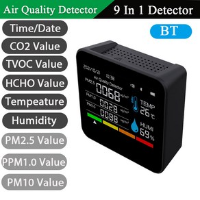 가스감지기 일산화탄소감지기 가스경보기 가스누설경보기 일산화탄소 BT 공 모니터 CO2 측정기 이산화탄소 감지기 시간 날짜 TVOC HCHO PM25 PM10 온도 습도 테스터 9, 블랙