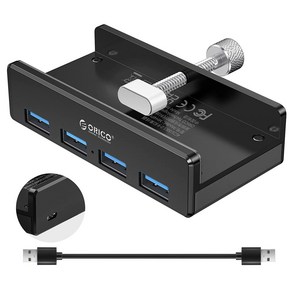 오리코 알루미늄 쉘 4 포트 USB3.0 허브 추가 전원 포트 DIY 설치 가능 MH4PU-P, 블랙, 1개