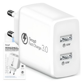 서가 36W 퀵차지 QC3.0 2포트 멀티 18W+18W 동시 USB 고속 충전기, 화이트, 1개