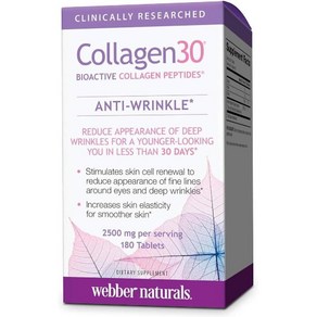 (캐나다 직송) 웨버 내추럴스 Collagen30 안티-링클 1회 제공량당 2 500mg의 생체 활성 콜라겐 펩타이드 180정 깊은 주름 잔주름 감소 및 피부 세포 자극에 도움, 1개