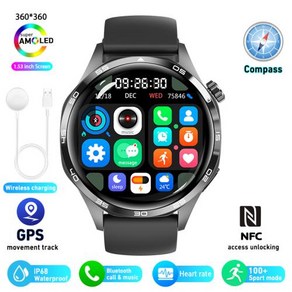 [가성비 스마트워치] 화웨이 GT5 프로 GPS NFC 스마트 워치 남성용 360360 AMOLED 화면 심박수 블루투스 통화 IP67 방수 남자 스마트워치 2024, Watch GT5 PRO, Black, 3.81cm
