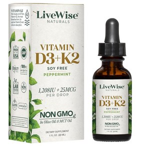 Live Wise Natuals 비타민 D3 / K2 리퀴드 드롭, 페퍼민트, 1개, 30ml