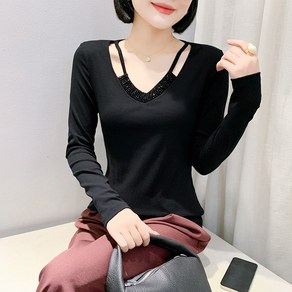 댄스복 상의 여성용 브이넥 순면 비즈 슬림 긴팔 티 Women's T-shit 뉴타임즈 B129R437