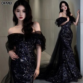 DFMEI 머메이드 이브닝드레스 프렌치 럭셔리 세련미 워킹룩 일자 어깨 드레스