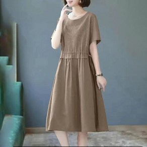 ROYALBELLE 여성 중간 길이 허리 조절 자수 면마 데일리룩 원피스 U0041053
