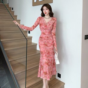 봄 가을과 가을 새로운 도착 프랑스 스타일 꽃 프린트 슬립 스커트 메쉬 V-Neck 긴 소매 타이트 허리 배꼽 커버 긴 스커트 투피스 세트