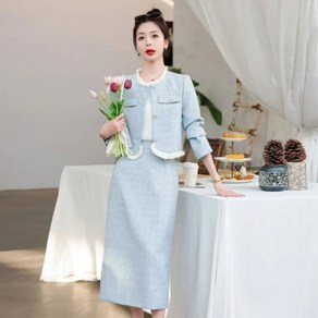 FANSYLI 봄가을 스커트세트 패션 숏 정장자켓 롱 슬림 H스커트 투피스 여성 프리미엄 통근세트 X2408A15