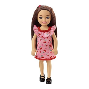 Barbie Chelsea Doll (Brunette) Wearing Ruffled Cherry-Print Dress and Black Shoes Toy for Kids Ages