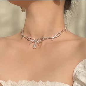 CUBIC RIBBON DROP PEARL CHOKER NECKLACE / 큐빅 리본 드롭 진주 목걸이