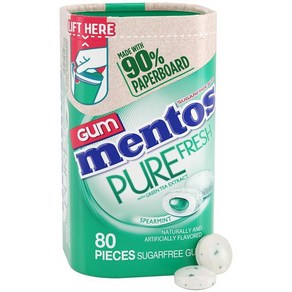 BF Mentos Pue Fesh 무설탕 츄잉껌 자일리톨 스피어민트 재활용 가능한 90% 판지 병 80개 4병 팩, 45개입(4팩)__ Mentos