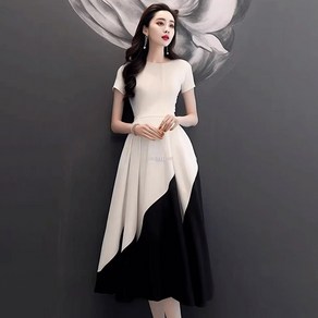besteffie 봄 가을 투톤 배색 a라인 드레스 여성용 우아한 디자인의 하이웨이스트 엘레강스 반팔 롱 원피스 K12