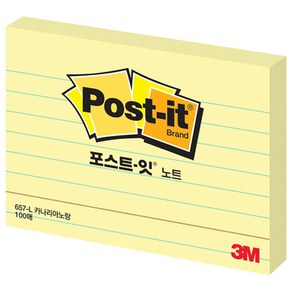 3M 포스트잇 메모지 노트 657 라인 102 x 76 mm 100매, 1개, 노랑