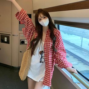 투니스 여성 체크무늬 루즈핏 긴소매 셔츠