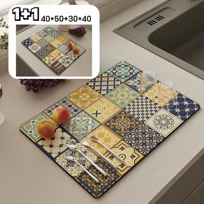 tinduo 1+1 규조토 주방매트 식기 건조 매트 타일 패턴 주방 드라잉 매트, 1세트, A