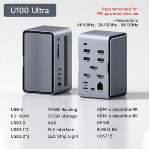 Hagibis USB C 도킹 스테이션 듀얼 HDMI 호환 M.2 SSD 인클로저 이더넷 100W PD 허브 SD/TF 노트북 맥북, 2) U100 Ulta Upgade, 1개