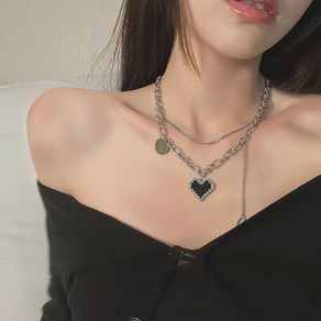 블랙 하트 모자이크 픽셀 데일리 체인 목걸이
